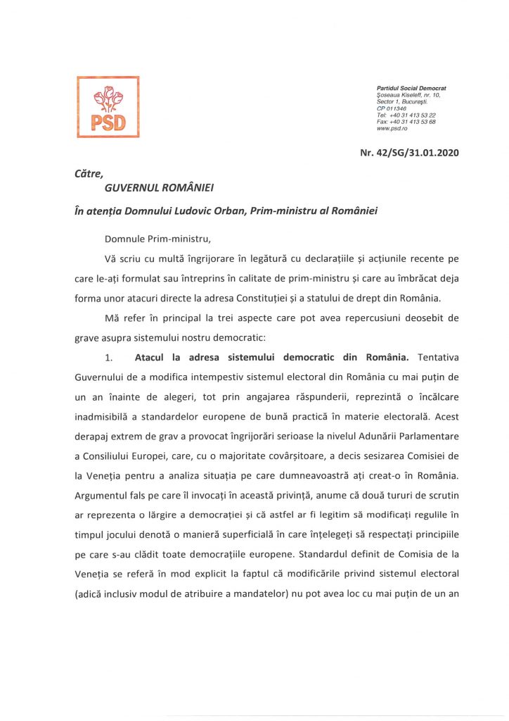 Scrisoare deschisa a presedintelui Partidului Social Democrat Marcel Ciolacu catre prim-ministrul Romaniei Ludovic Orban-1